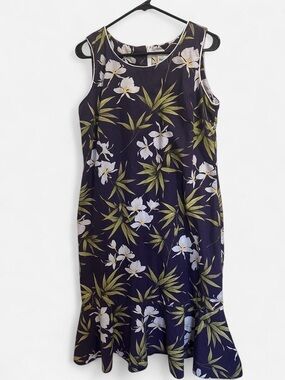 Vintage Purple Floral Hawaiian Tropical Midi Dress with White Blossoms - Size L